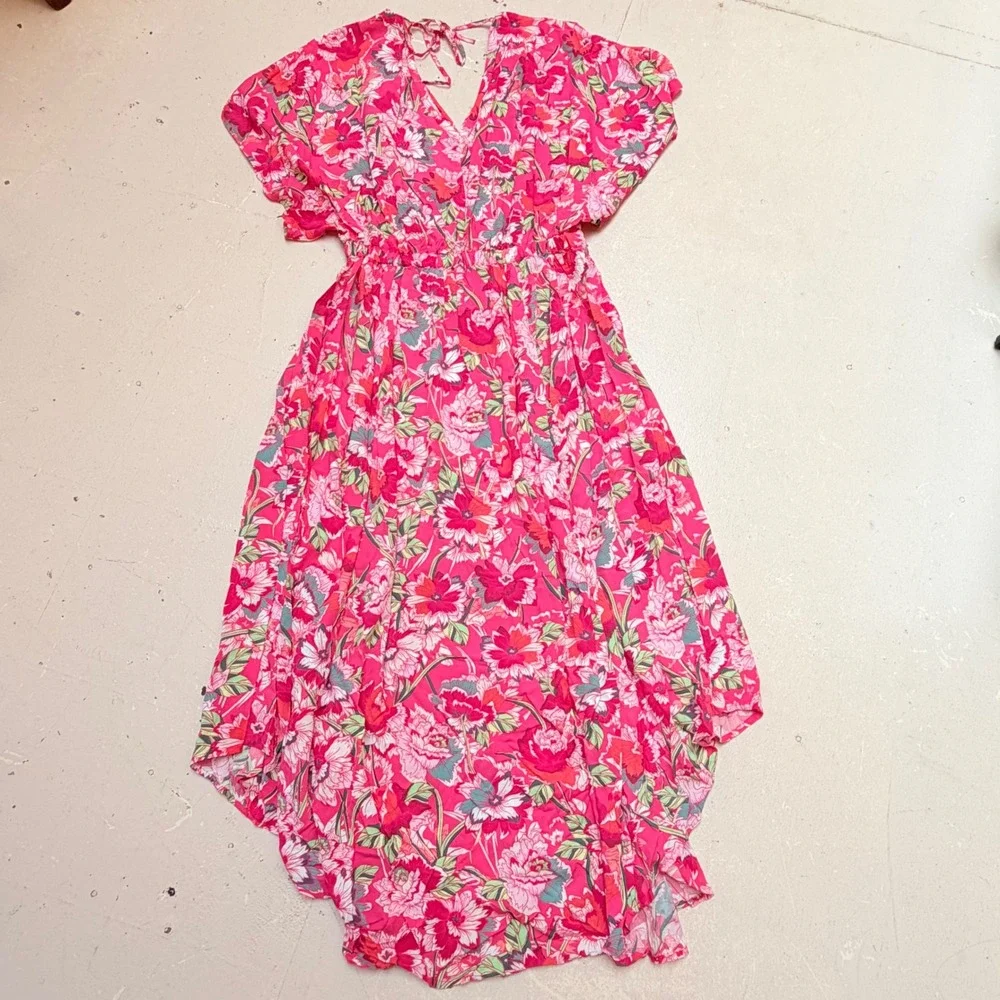 Gap Womens Medium Maxi Dress Pink Tropical Floral Kimono Style Sleeves Cottage